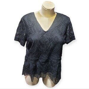 H&M Black Lace Cover and Lace Sleeves Contoured Waist Shirt Top Size XL